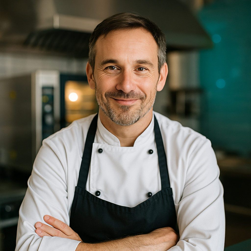 Chef con uniforme blanco y delantal cruzado de brazos