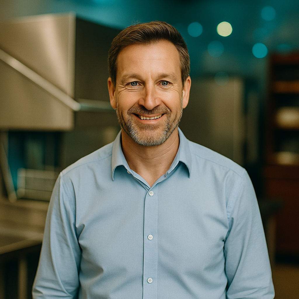 Hombre de camisa azul en entorno de cocina industrial