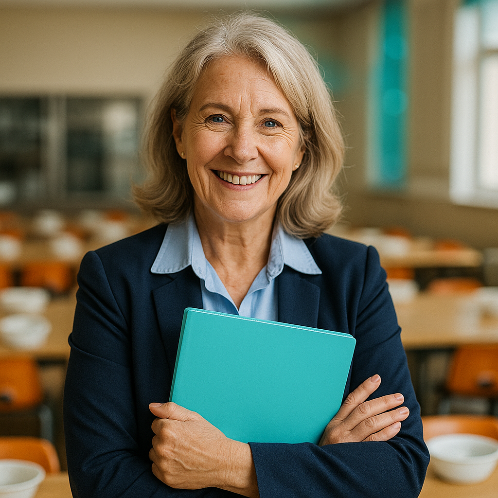 Mujer sonriente con carpeta en espacio de hostelería