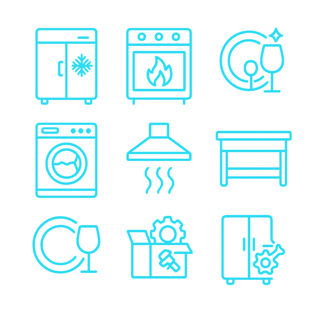 Colección de íconos que representan equipamiento de cocina y lavandería profesional
