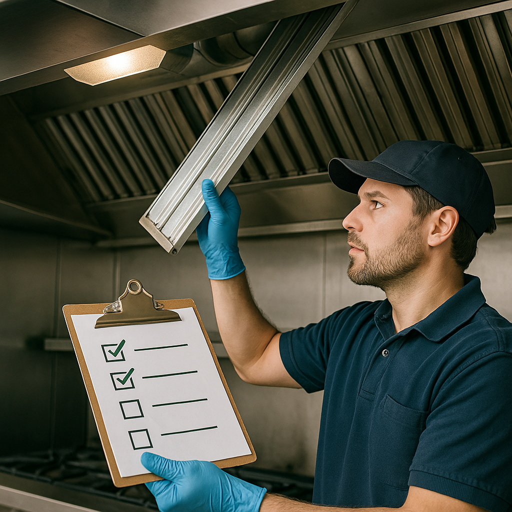 Técnico realizando inspección de sistemas de extracción en cocina profesional